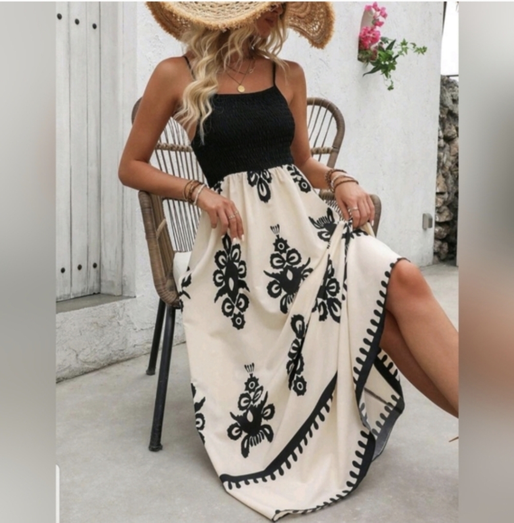 Black and Cream Print Maxi Dress Adjustable Straps - Picture 2 of 7